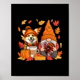Gnome Kalkoen Corgi Thanksgiving Herfstbladeren Po Poster