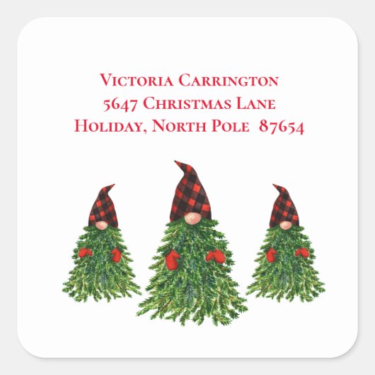 Gnome kerstboom Buffalo Check Return Address Vierkante Sticker (Voorkant)