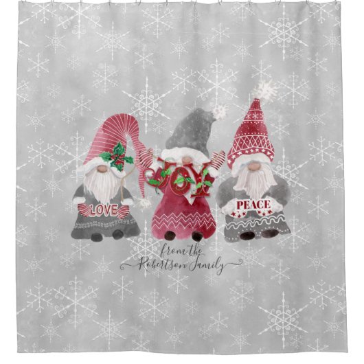 Gnome kerstliefde Joy Peace Snowflakes Family Douchegordijn (Voorkant)
