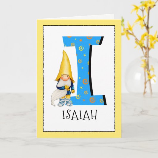Gnome Kinder letter I Naam en leeftijd Verjaardag  Kaart (Gele Bloem)