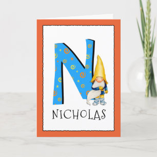 Gnome Kinder Letter N Name and Age Birthday Greeti Kaart