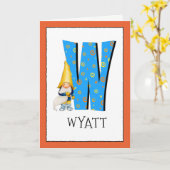 Gnome Kinder letter W Naam en leeftijd Verjaardag Kaart (Gele Bloem)