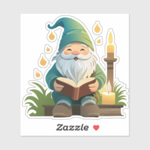 Gnome leest een boek onder kaarslicht Sticker