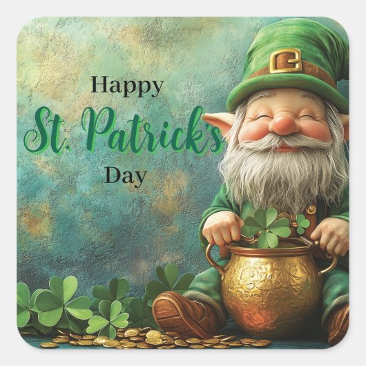 Gnome Leprechaun en Pot of Gold St. Patrick's Day Vierkante Sticker (Voorkant)
