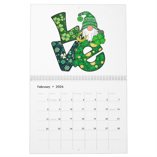 Gnome Love Funny St Patrick Day Kalender (Feb 2026)