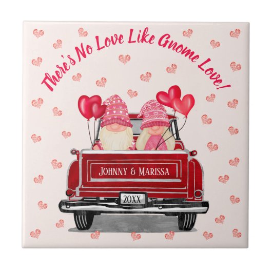 Gnome Love Pink Glitter Hearts  Red Truck Tegeltje (Voorkant)