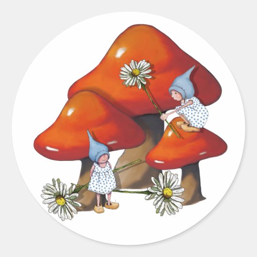Gnome Meisje op Paddestoel, Daisies, Fantasy Art Ronde Sticker (Voorkant)