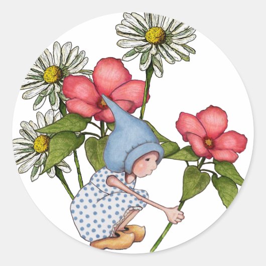Gnome Meisje Plukken Bloemen, Fanstasy Art Ronde Sticker (Voorkant)