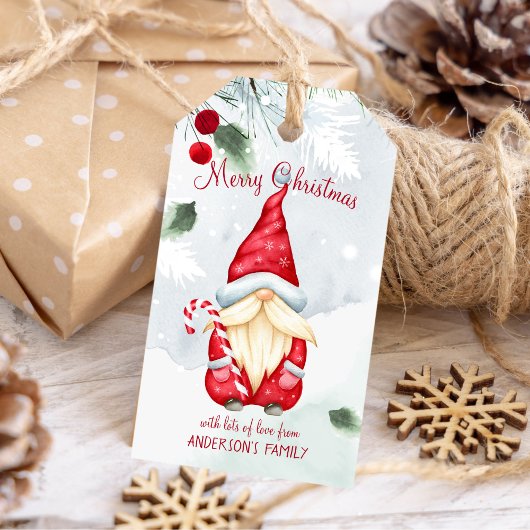 Gnome Merry waterverf-sneeuwachtergrond voor kerst Cadeaulabel