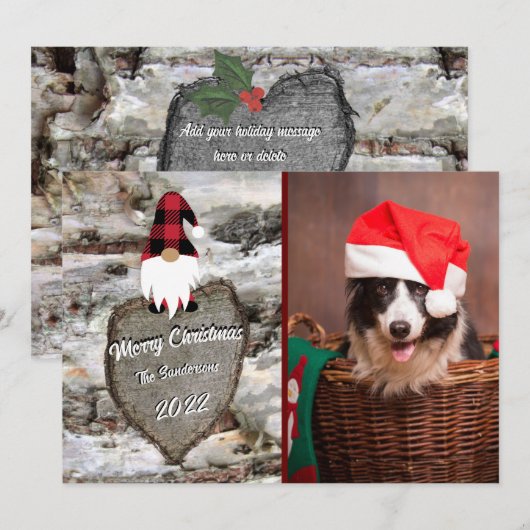 Gnome met berkenrood geruite Gesneden Hart foto Feestdagenkaart (Voorkant / Achterkant)