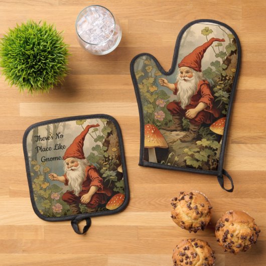 Gnome met champignons ovenwanten en pottenhouders  ovenwant & pannenlap set (Top down)