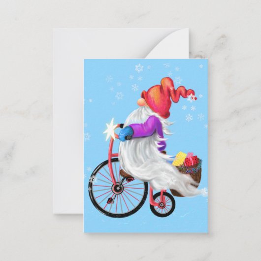 Gnome met fiets en cadeaus kerst Kaart Notitiekaartje (Achterkant)