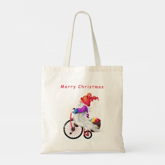 Gnome met Fiets en Gift Christmas Canvas tas (Achterkant)