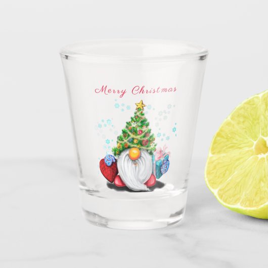 Gnome met kerstboom Pet en geschenkglas Shot Glas (Voorkant)