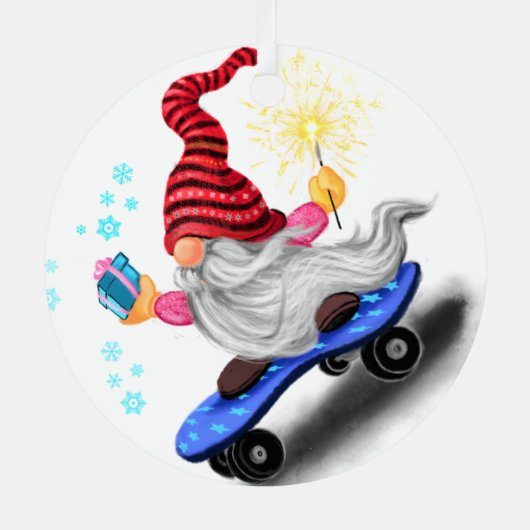 Gnome met skateboard kerstversiering metalen ornament (Achterkant)