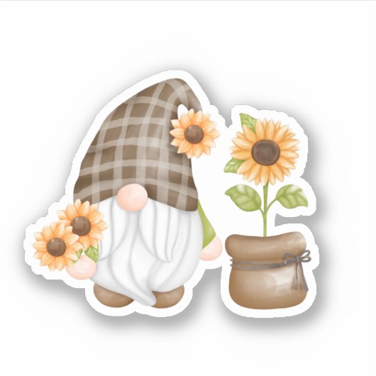 Gnome met zonnebloemen sticker (Voorkant)