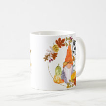 Gnome mug with pumpkins squash and fall leaves