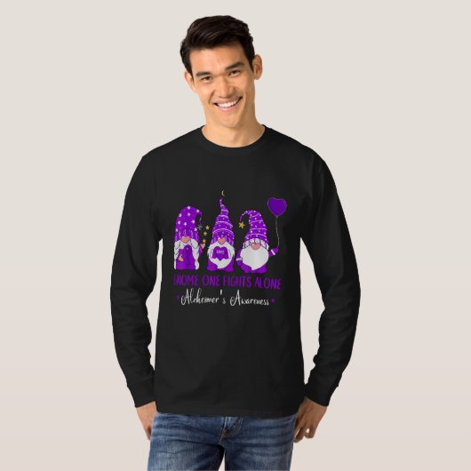 Gnome One Fights Alone Ribbon Purple Alzheimer s A T-shirt (Voorkant volledig)