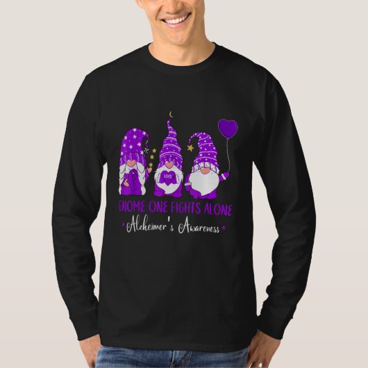 Gnome One Fights Alone Ribbon Purple Alzheimer s A T-shirt (Voorkant)