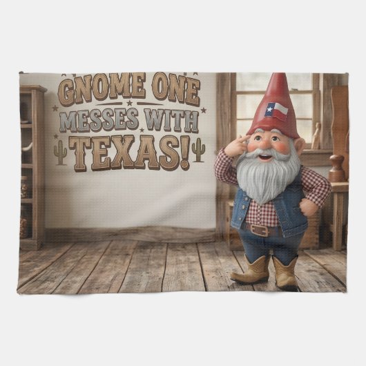 "Gnome One rommelt met Texas" Werkplaats Theedoek (Horizontaal)