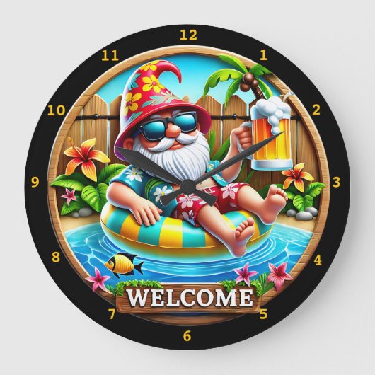 Gnome Ontspannen in Pool Wall Grote Klok (Voorkant)