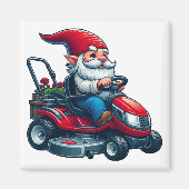 Gnome op rijdende grasmaaier met bloemenmand magneet (Voorkant)