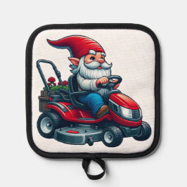 Gnome op rijdende grasmaaier met bloemenmand pannenlap