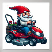 Gnome op rijdende grasmaaier met bloemenmand poster (Voorkant)