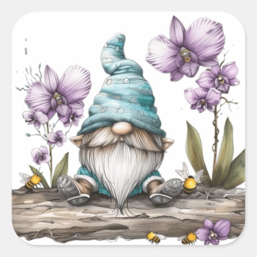 Gnome Orchidee Bloemen Vierkante Sticker (Voorkant)