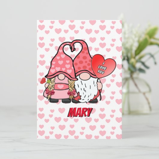 Gnome paar met gepersonaliseerde naam op de voorka feestdagenkaart (Staand voorkant)