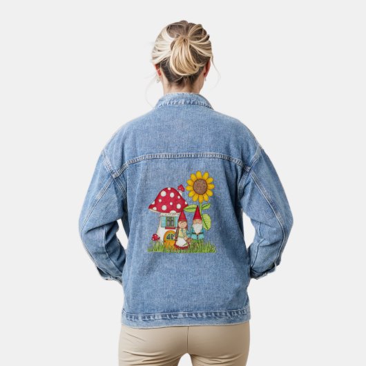 Gnome Paar Paddestoel Huis Zonnebloem Vrouwen Denim Jacket (Model)