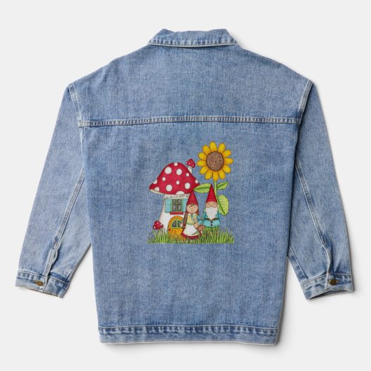 Gnome Paar Paddestoel Huis Zonnebloem Vrouwen Denim Jacket (Achterkant)