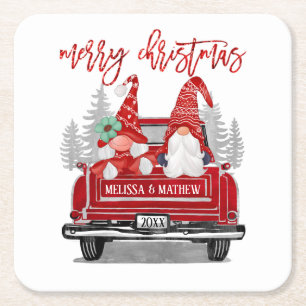 Gnome Paar  Rode Vrachtwagen Vrolijk Kerstfeest Kartonnen Onderzetters