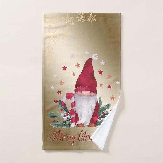 Gnome, pine Tree Branches, Snowflakes, Gold Kerstm Bad Handdoek (Handdoek)