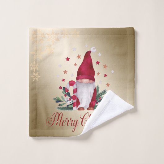 Gnome, pine Tree Branches, Snowflakes, Gold Kerstm Bad Handdoek (Wasdoekje)