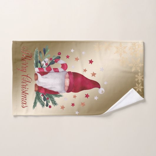 Gnome, pine Tree Branches, Snowflakes, Gold Kerstm Bad Handdoek (Handdoek)