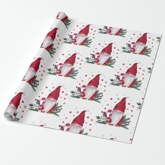 Gnome Pine Tree Branches Stars Merry Kerstmis Cadeaupapier (Uitgerold)