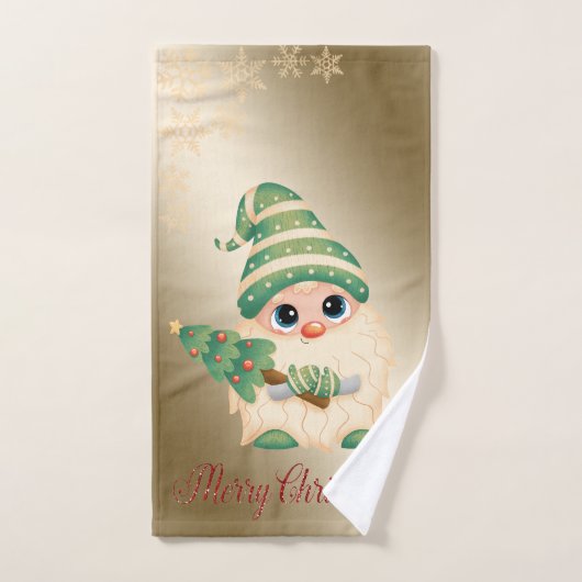 Gnome, Pine Tree, Snowflakes, Gold Kerstmis Bad Handdoek (Handdoek)