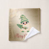Gnome, Pine Tree, Snowflakes, Gold Kerstmis Bad Handdoek (Wasdoekje)