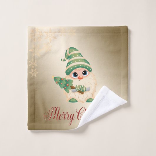 Gnome, Pine Tree, Snowflakes, Gold Kerstmis Bad Handdoek (Wasdoekje)
