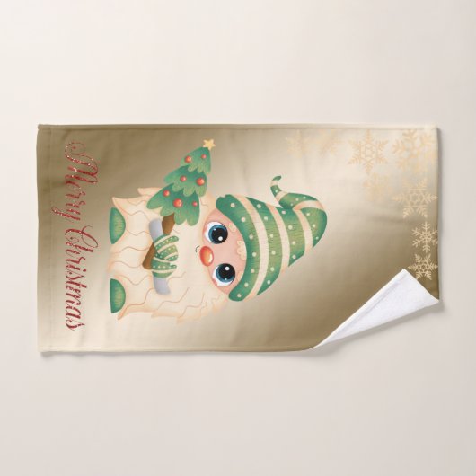 Gnome, Pine Tree, Snowflakes, Gold Kerstmis Bad Handdoek (Handdoek)