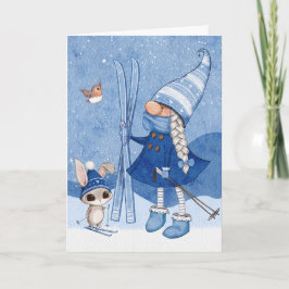 Gnome Rabbit Skiing Kerstmis Kaart