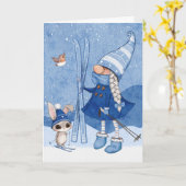 Gnome Rabbit Skiing Kerstmis Kaart (Gele Bloem)