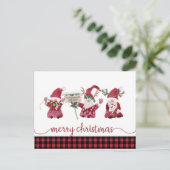 Gnome Reindeer Watercolor Buffalo Plaid Christmas Feestdagenkaart (Staand voorkant)