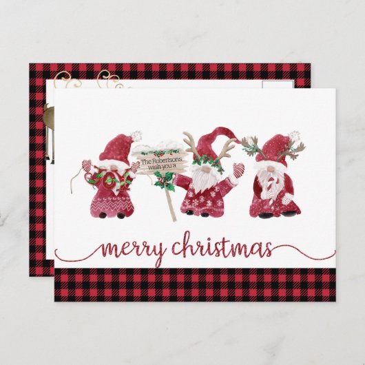 Gnome Reindeer Watercolor Buffalo Plaid Christmas Feestdagenkaart (Voorkant / Achterkant)