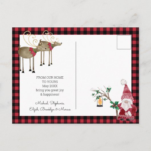 Gnome Reindeer Watercolor Buffalo Plaid Christmas Feestdagenkaart (Achterkant)