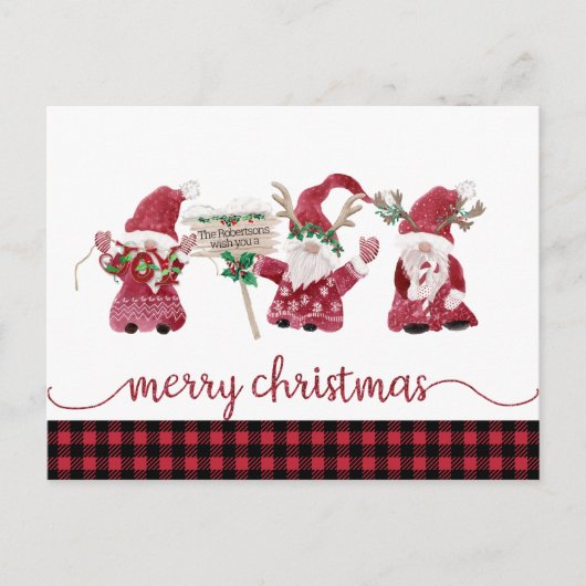 Gnome Reindeer Watercolor Buffalo Plaid Christmas Feestdagenkaart (Voorkant)