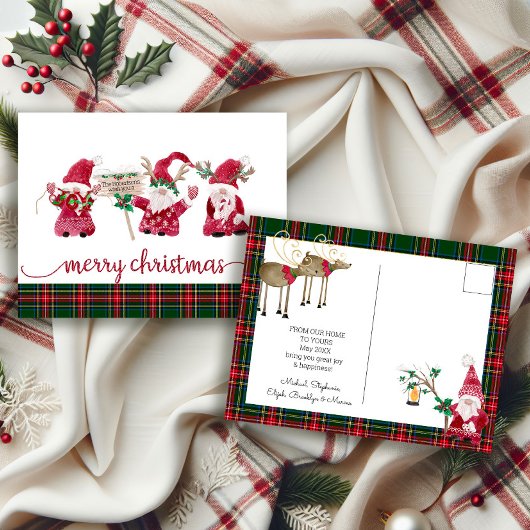Gnome Reindeer Watercolor Classic Plaid Christmas Feestdagenkaart