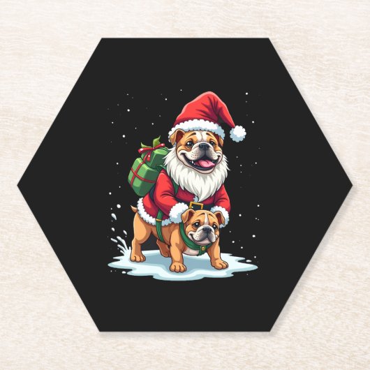 Gnome Riding Engels Bulldog Kerstmis Kerstmis Jong Kartonnen Onderzetters (Voorkant)