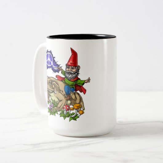 Gnome Riding Frog Tweekleurige Koffiemok (Voorkant links)